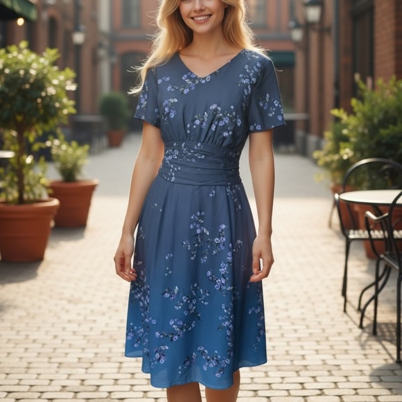 eShakti Wayward Fancies Dress XS 3/4 Sleeve Flare A Line Floral Blue Party midi - Picture 1 of 6